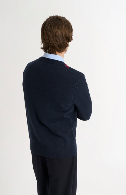 Pringle Men’s Lambswool Argyle V-Neck Jumper in Navy, Mushroom & Burgundy rear view