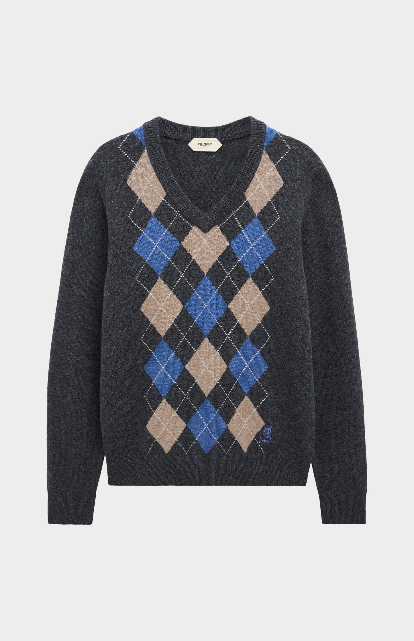 Pringle Men’s Lambswool Argyle V-Neck Jumper in Charcoal, Blue & Mushroom flat shot