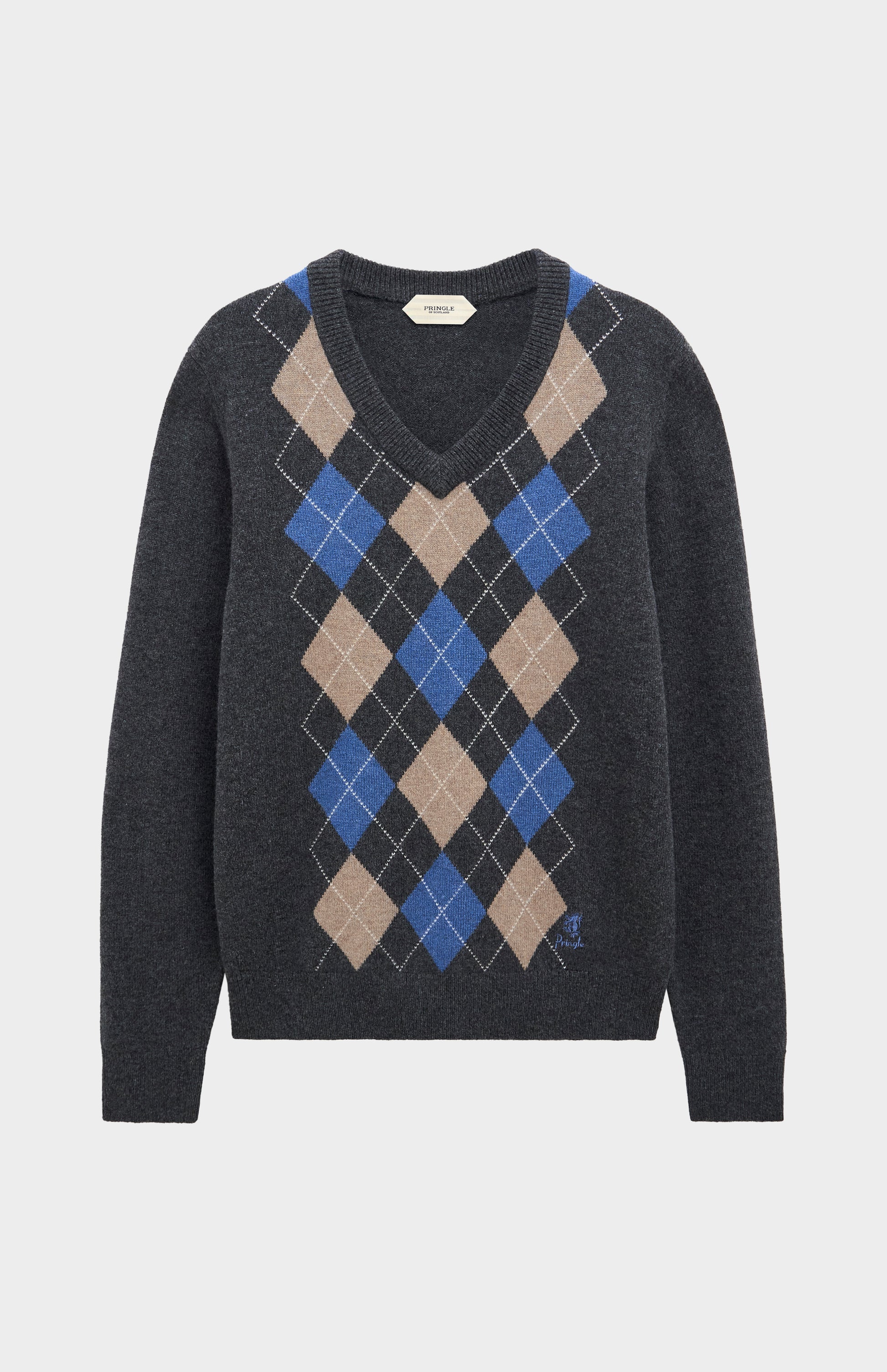 Pringle Men’s Lambswool Argyle V-Neck Jumper in Charcoal, Blue & Mushroom flat shot