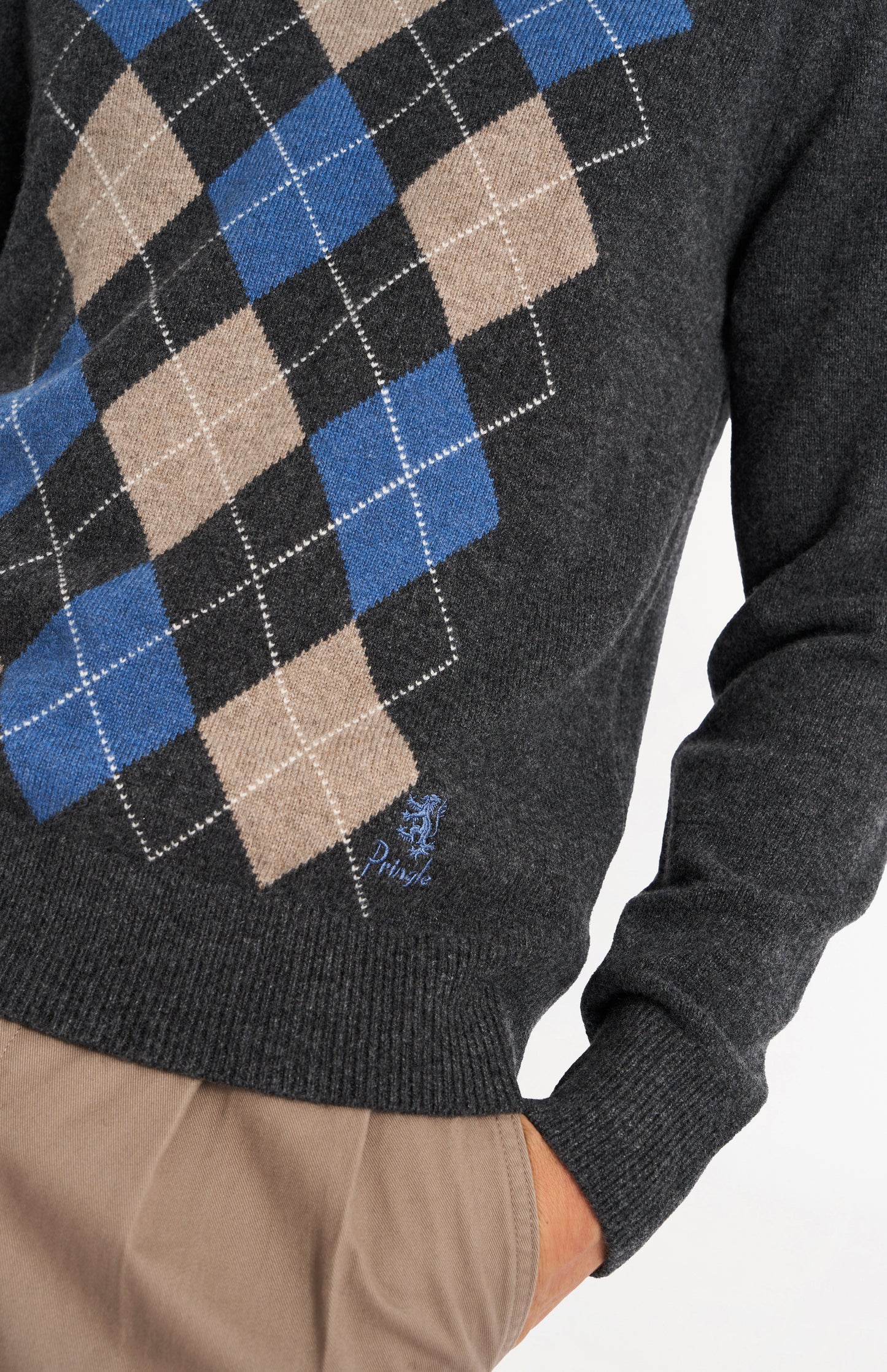 Pringle Men’s Lambswool Argyle V-Neck Jumper in Charcoal, Blue & Mushroom embroidery detail