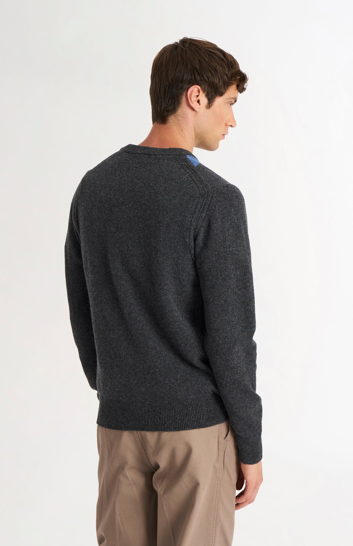 Pringle Men’s Lambswool Argyle V-Neck Jumper in Charcoal, Blue & Mushroom rear view