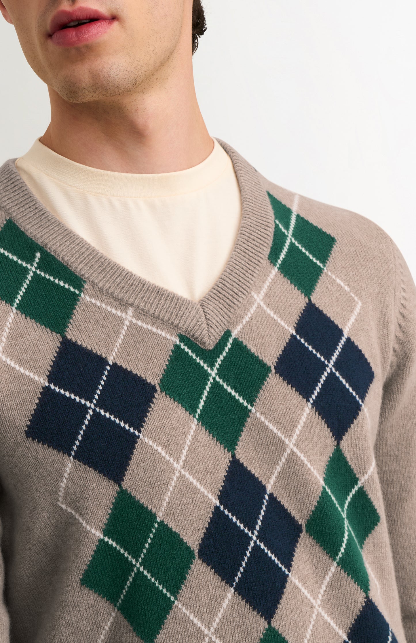 Men's Supersoft Lambswool V-neck Argyle Jumper In Camel / Navy / Green