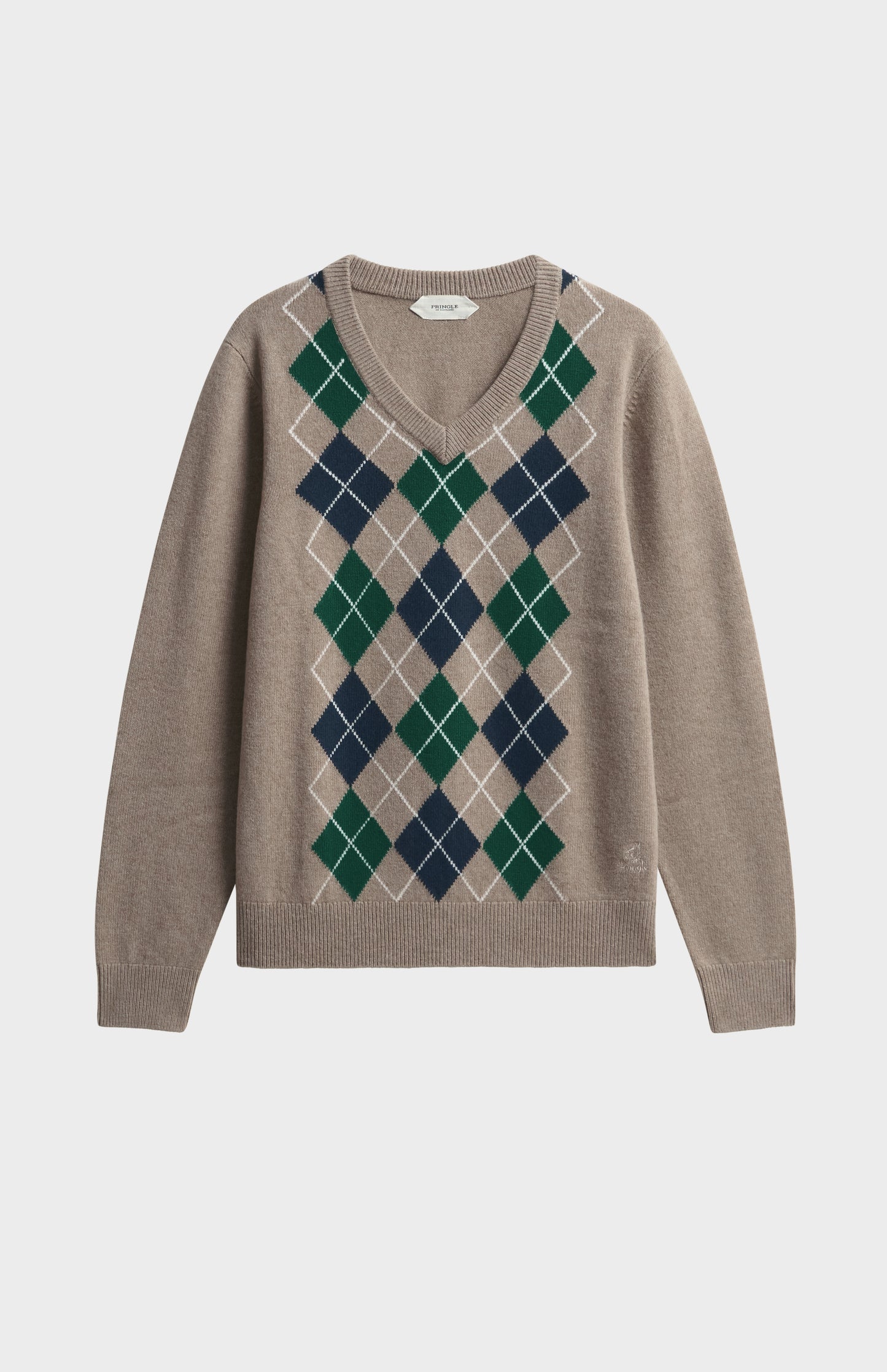 Men's Supersoft Lambswool V-neck Argyle Jumper In Camel / Navy / Green