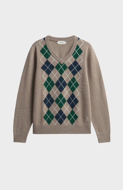 Men's Supersoft Lambswool V-neck Argyle Jumper In Camel / Navy / Green