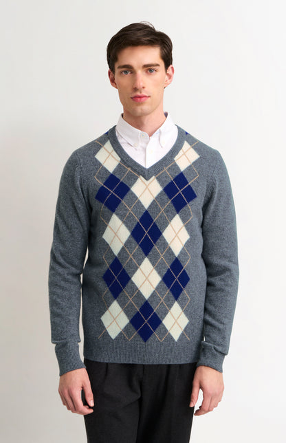 Men's Supersoft Lambswool V-Neck Argyle Jumper in Grey / Ecru / Navy