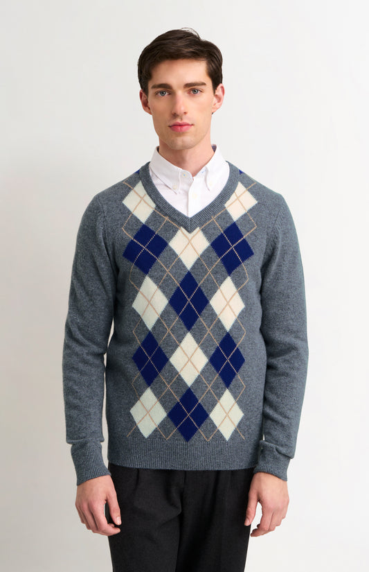 Men's Supersoft Lambswool V-Neck Argyle Jumper in Grey / Ecru / Navy