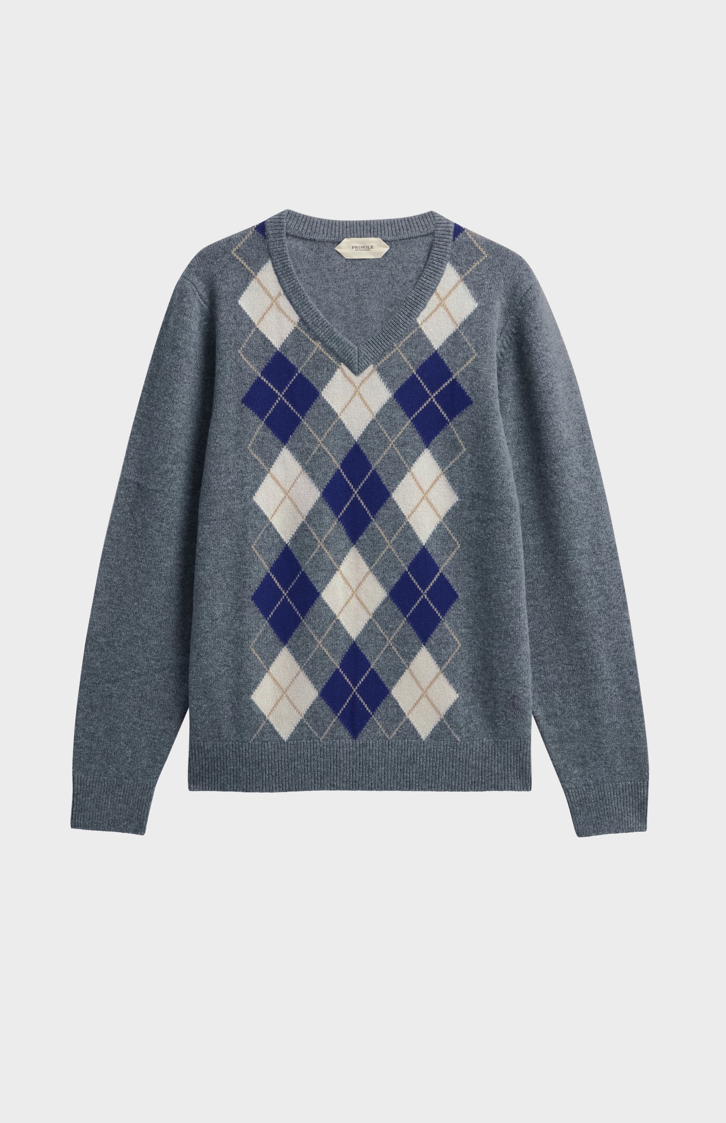 Men's Supersoft Lambswool V-Neck Argyle Jumper in Grey / Ecru / Navy