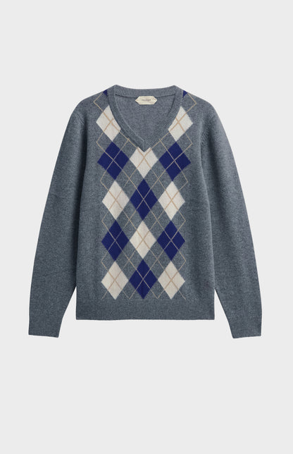 Men's Supersoft Lambswool V-Neck Argyle Jumper in Grey / Ecru / Navy