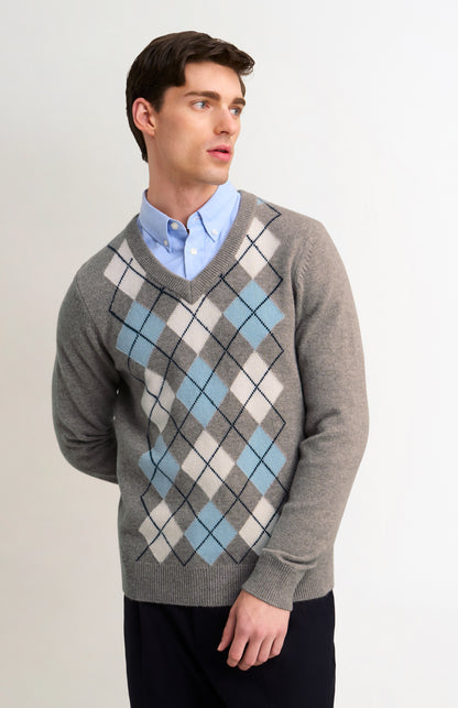 Men's Supersoft Lambswool V-Neck Argyle Jumper in Mushroom / Ecru / Blue