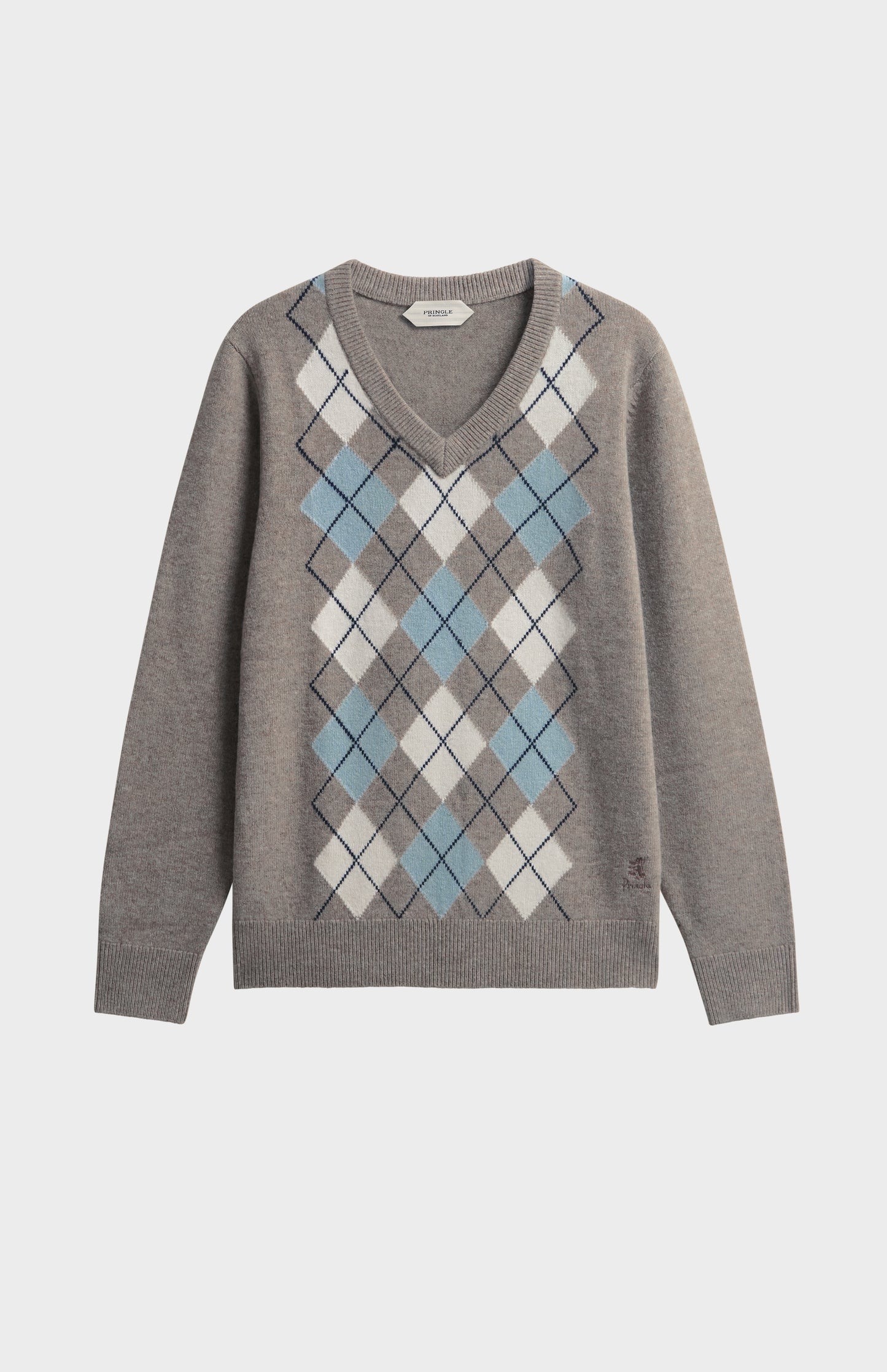 Men's Supersoft Lambswool V-Neck Argyle Jumper in Mushroom / Ecru / Blue
