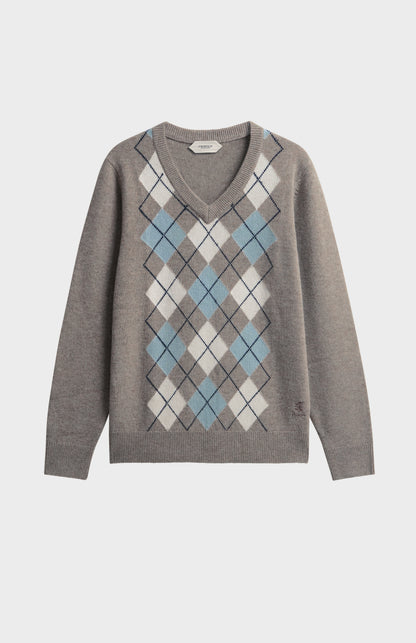 Men's Supersoft Lambswool V-Neck Argyle Jumper in Mushroom / Ecru / Blue