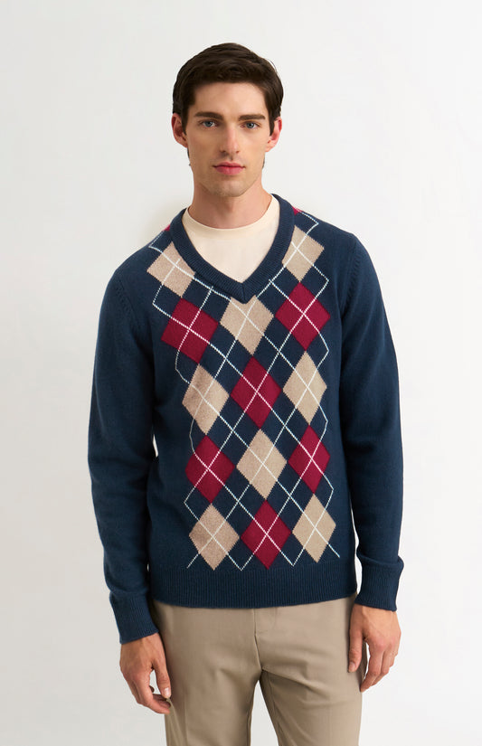 Men's Supersoft Lambswool V-neck Argyle Jumper In Navy / Red / Beige