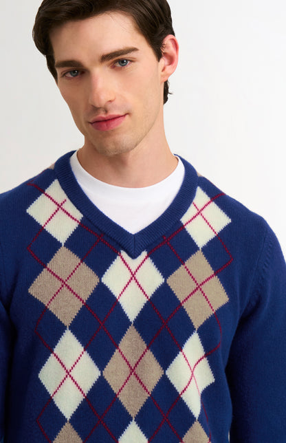 Men's Supersoft Lambswool V-neck Argyle Jumper In Royal Blue / Ecru / Camel