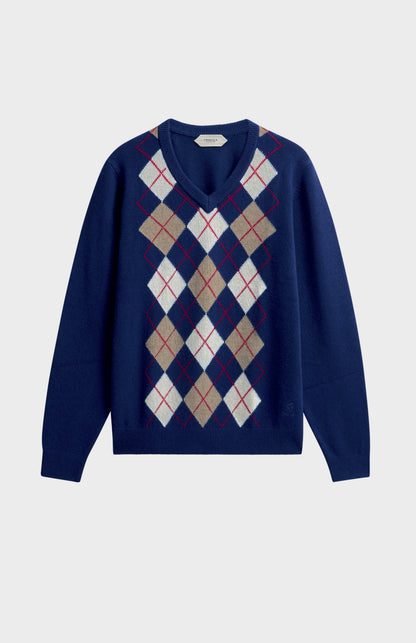 Men's Supersoft Lambswool V-neck Argyle Jumper In Royal Blue / Ecru / Camel