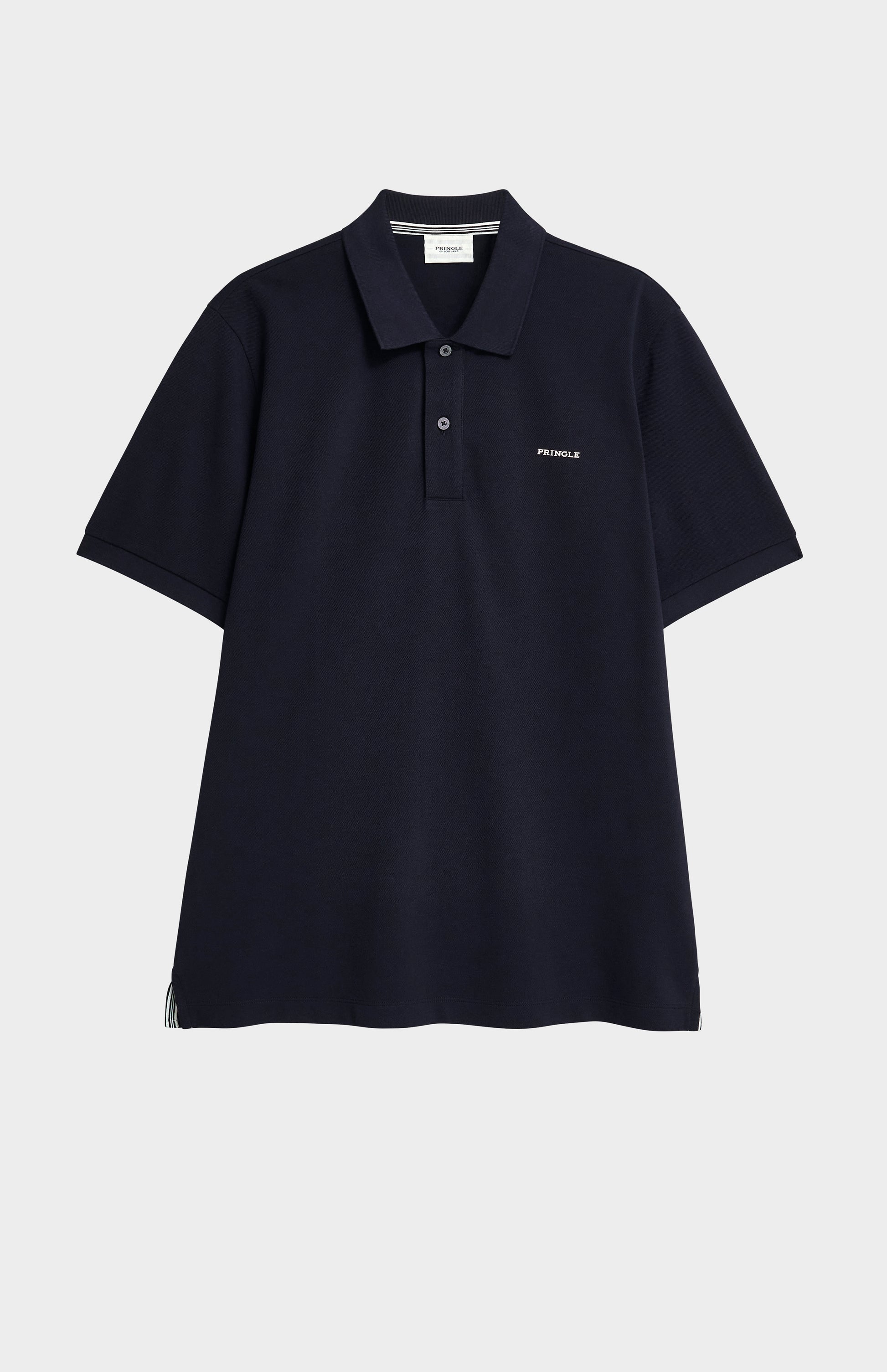Navy polo shirt with a small white logo on a light gray background