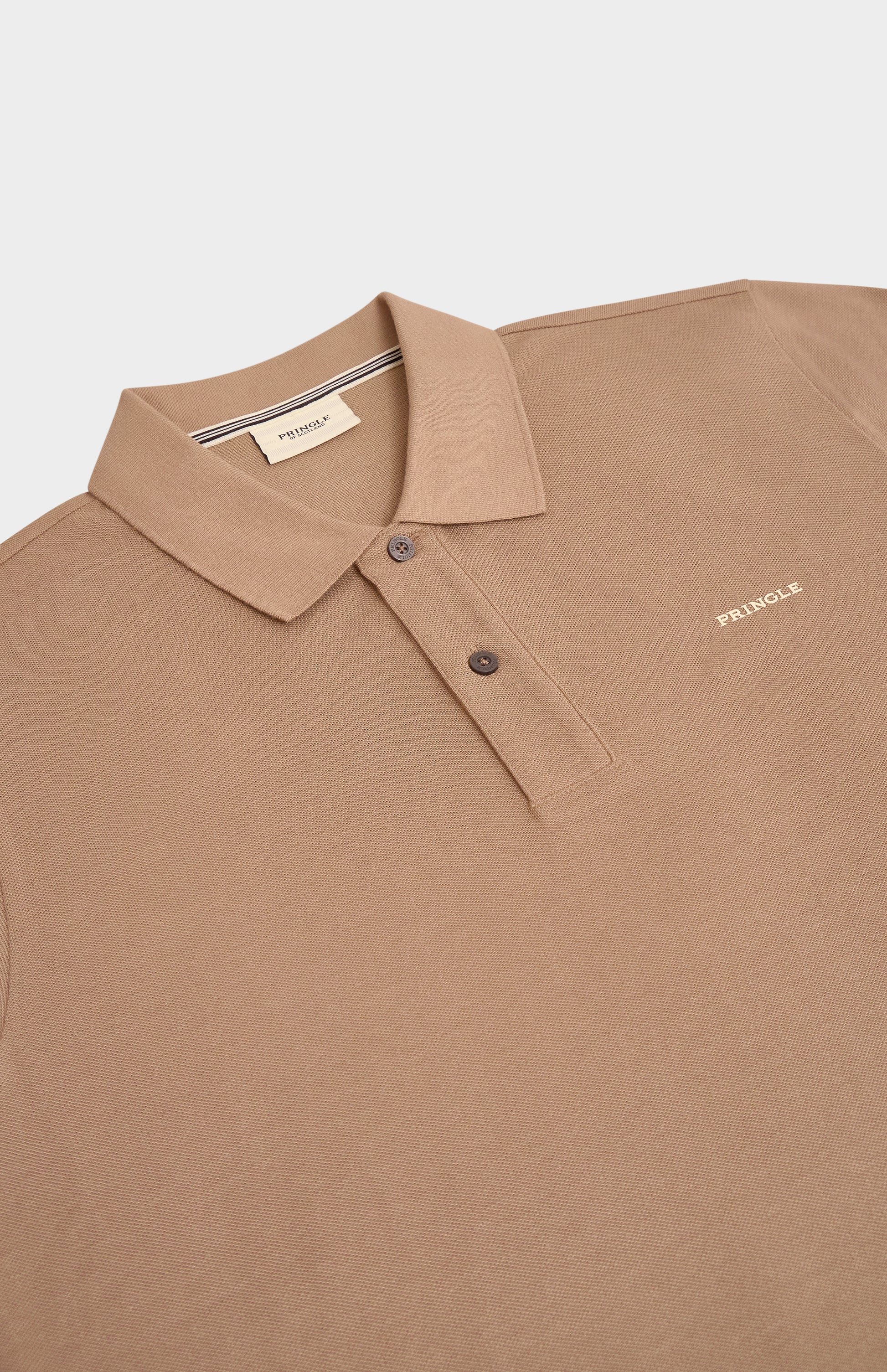 Brown polo shirt with 'Pringle' branding on a light gray background
