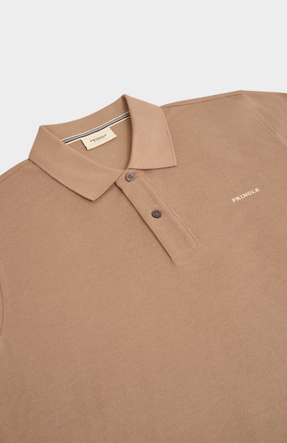 Brown polo shirt with 'Pringle' branding on a light gray background