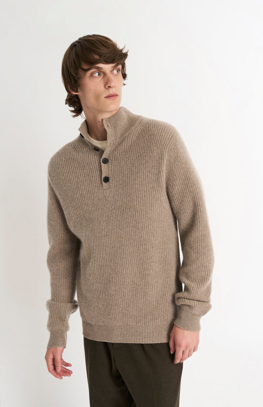 Pringle Men’s Cashmere Button Neck Jumper In Mushroom Melange