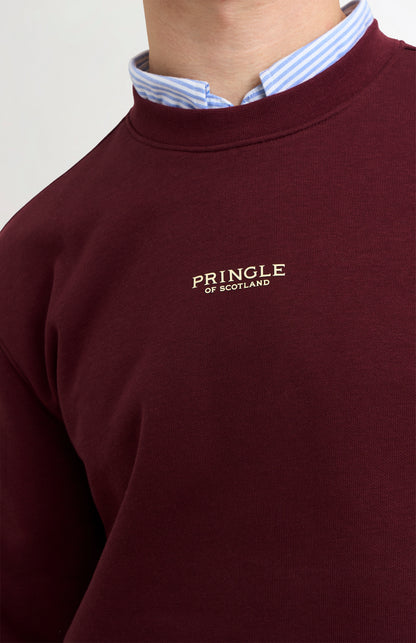 Pringle of Scotland Men's Crew Neck Sweatshirt In Burgundy showing neck detail