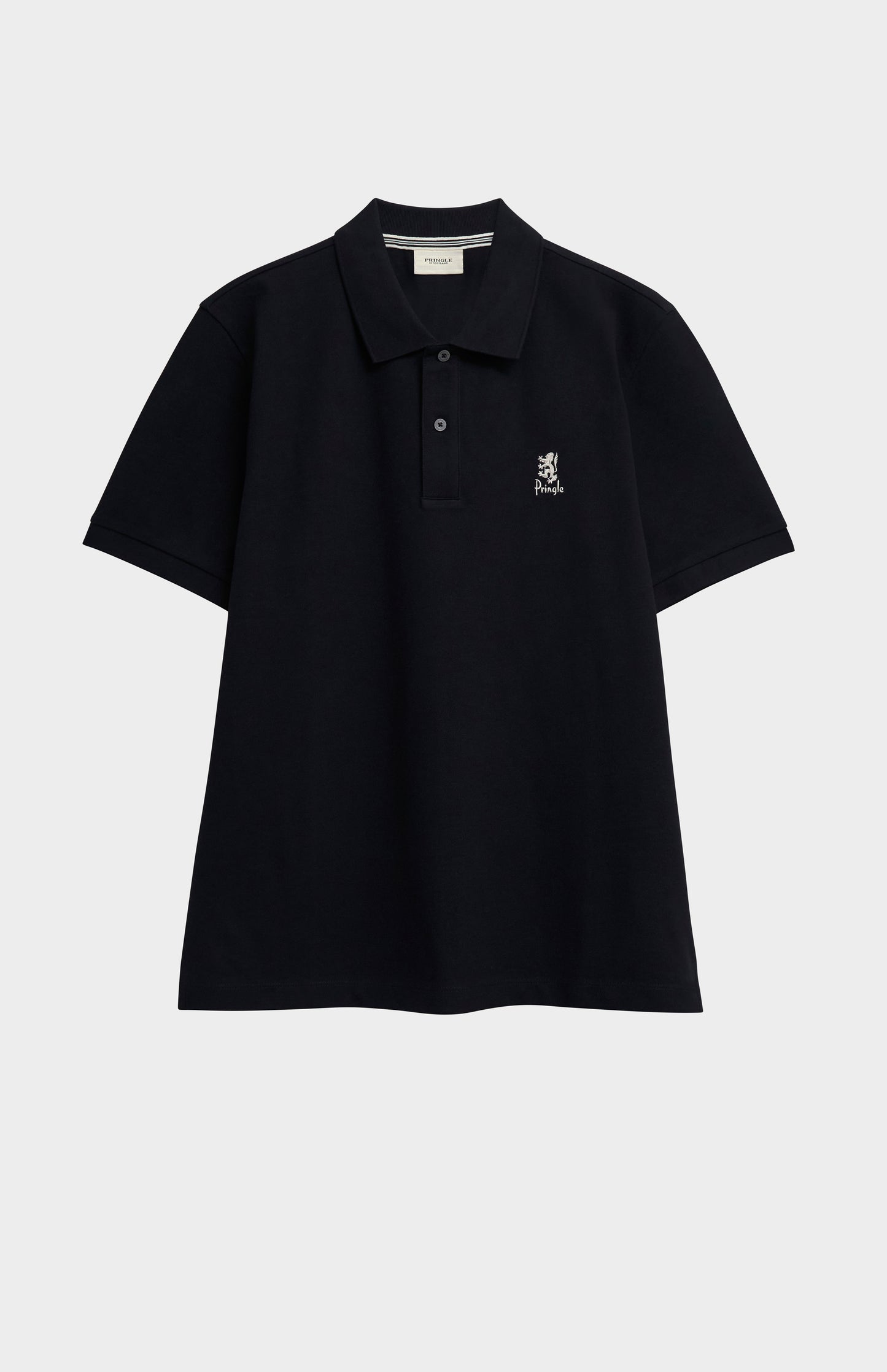 Black polo shirt with a small logo on a light gray background
