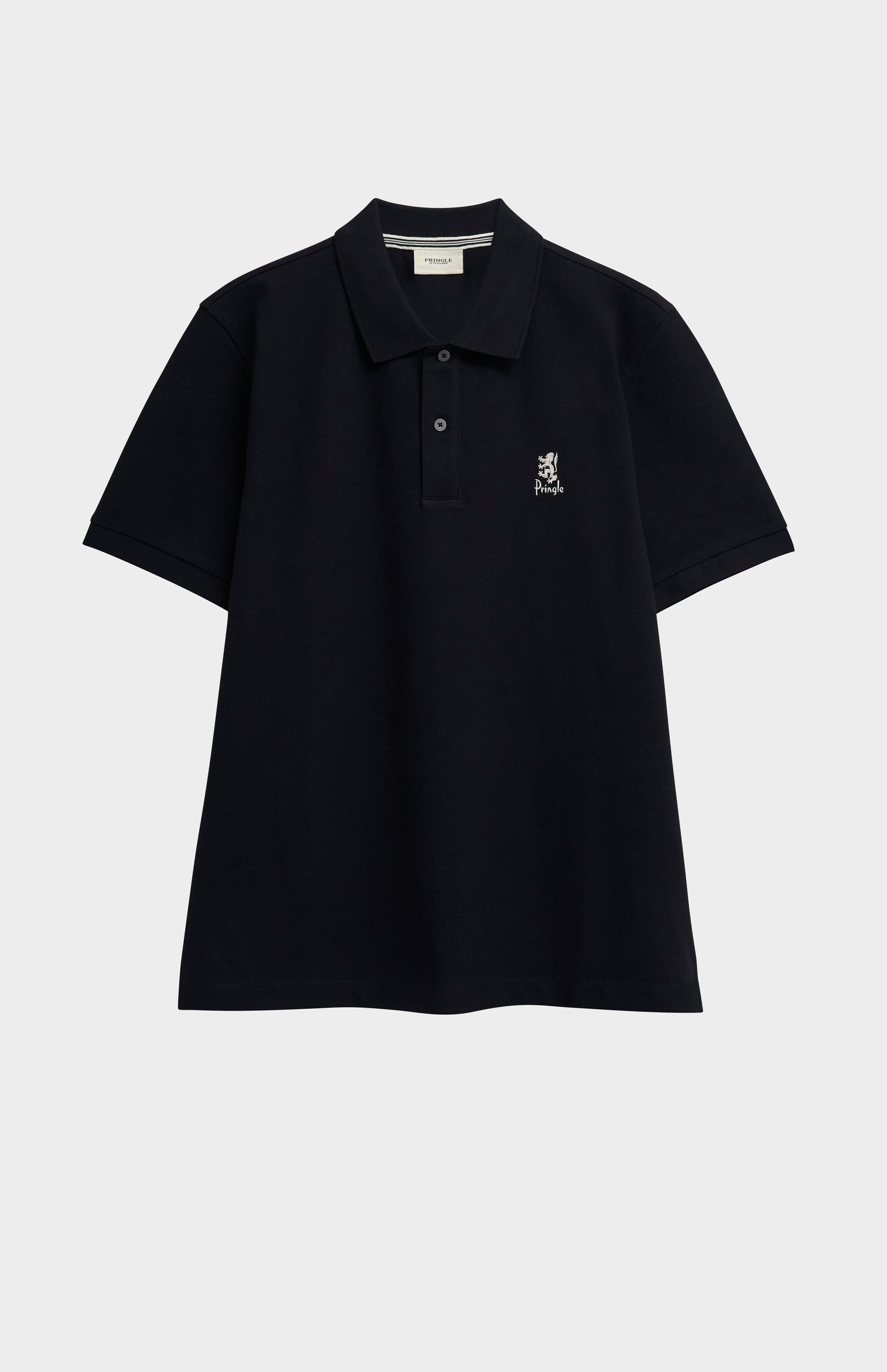 Black polo shirt with a small logo on a light gray background