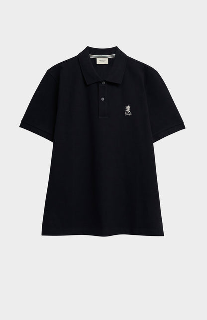 Black polo shirt with a small logo on a light gray background