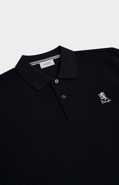 Black polo shirt with a logo on a light gray background