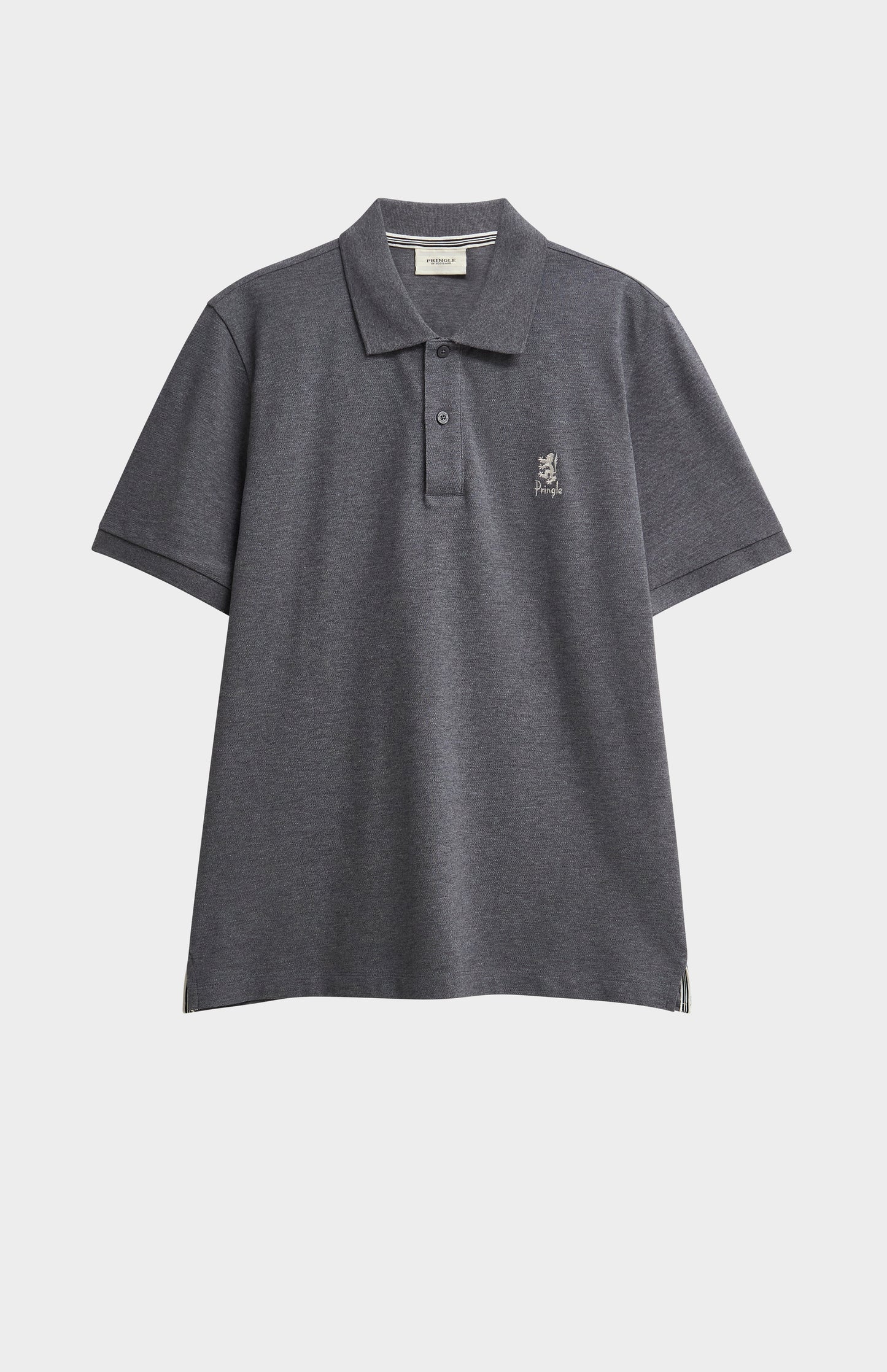 Dark gray polo shirt with a small logo on a light gray background