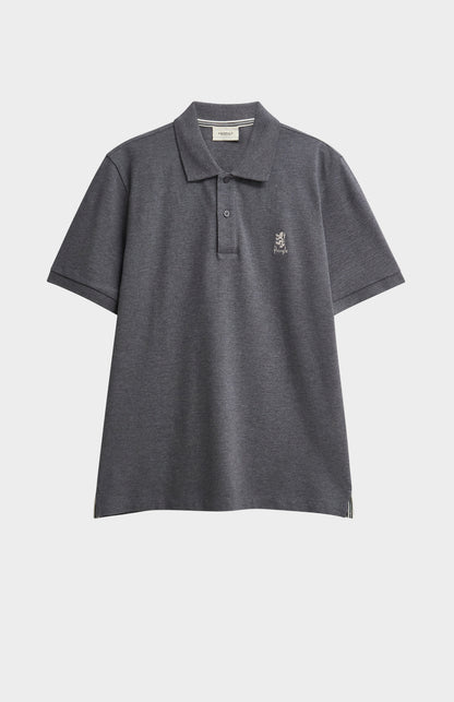 Dark gray polo shirt with a small logo on a light gray background
