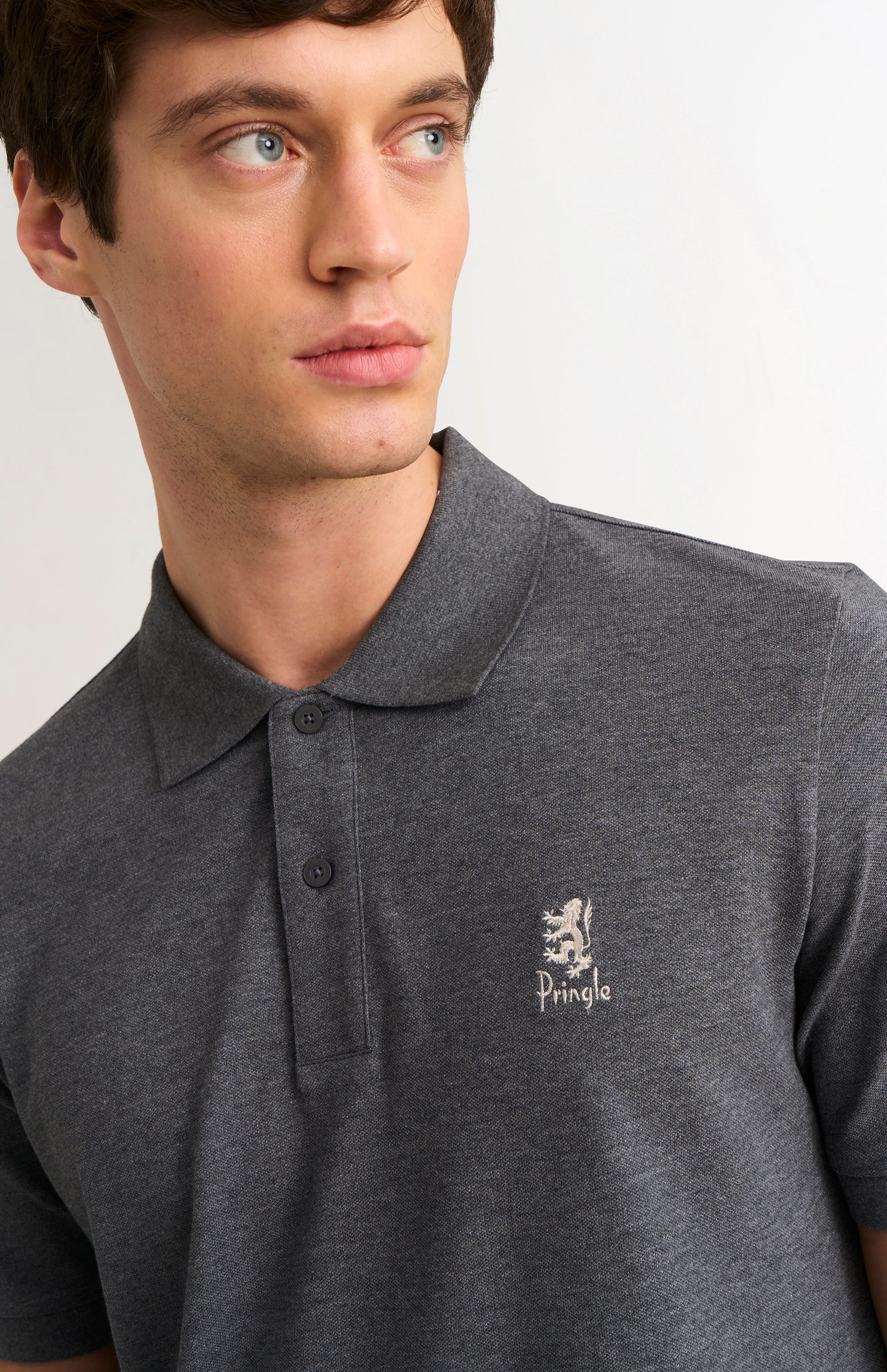 Man wearing a dark gray polo shirt with a brand logo on a light background
