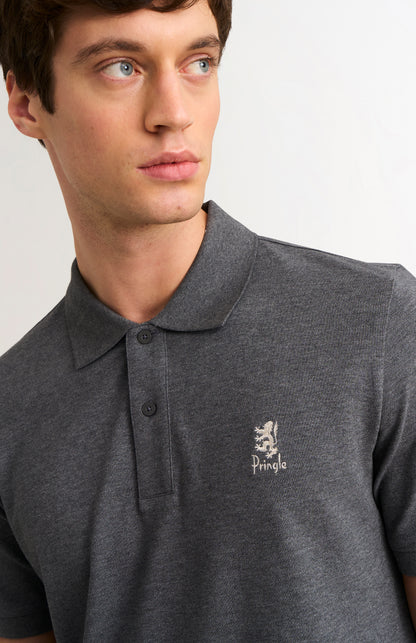 Man wearing a dark gray polo shirt with a brand logo on a light background