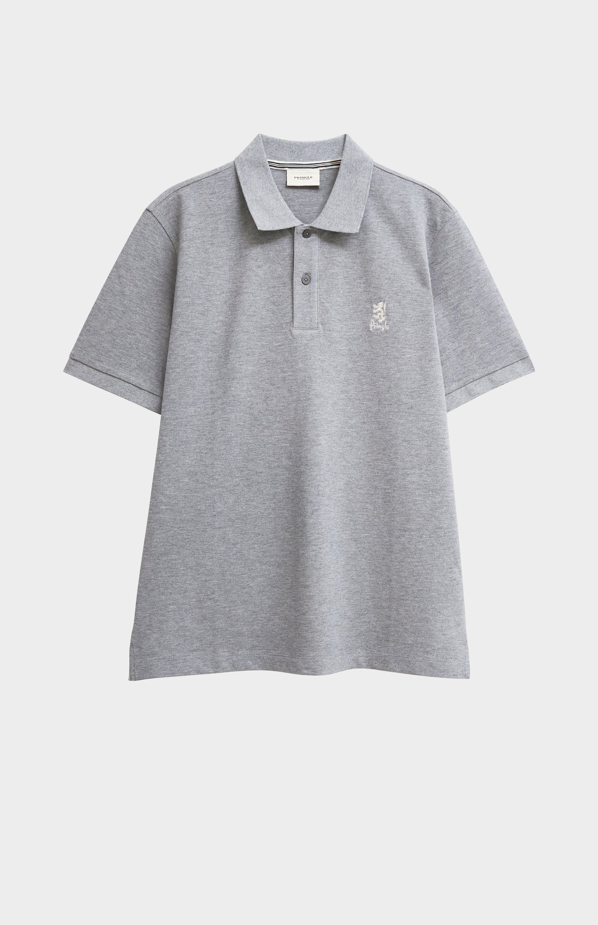 Gray polo shirt with a small logo on a white background