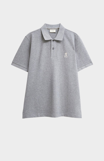 Gray polo shirt with a small logo on a white background