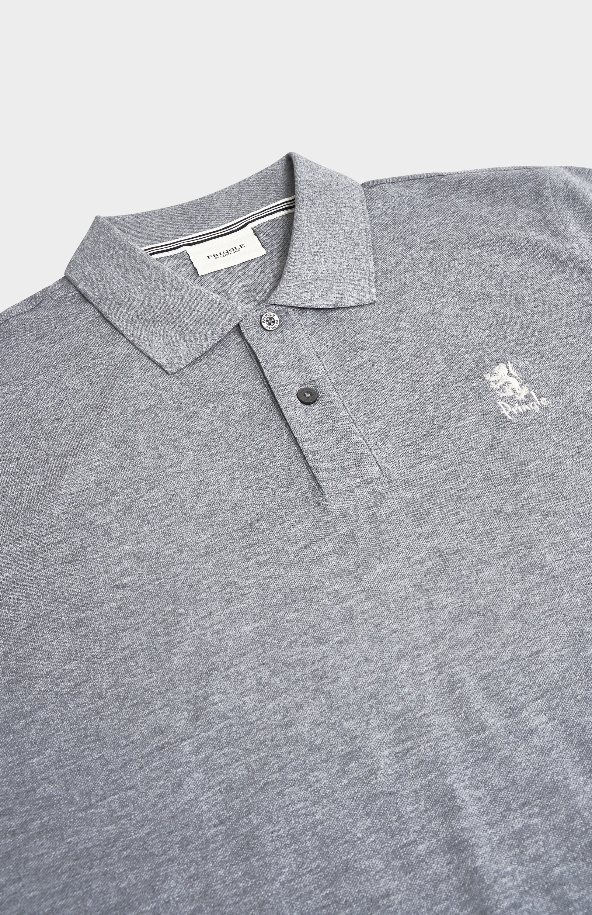 Gray polo shirt with a small logo on a light gray background