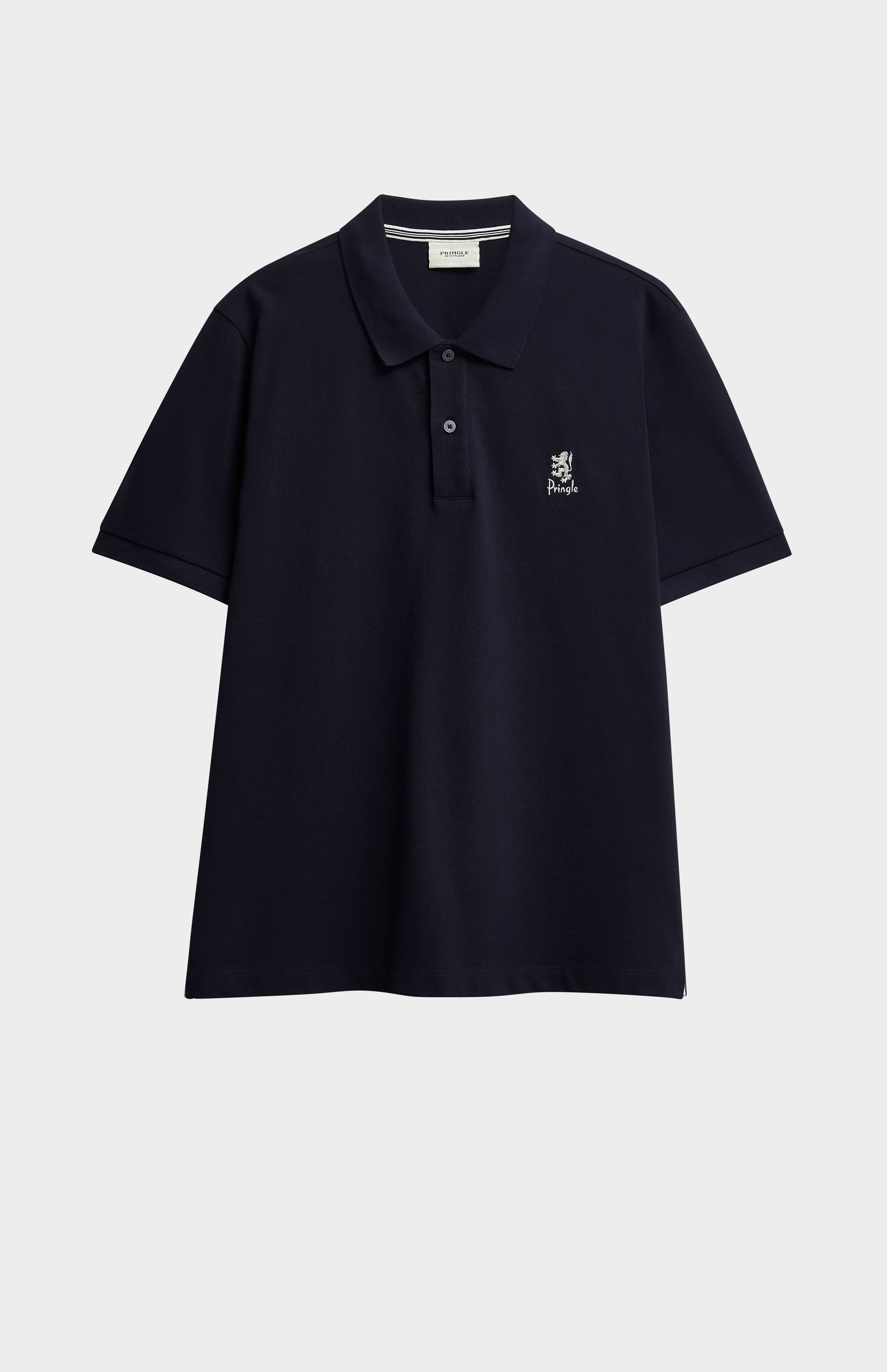 Navy blue polo shirt with a small logo on a light gray background