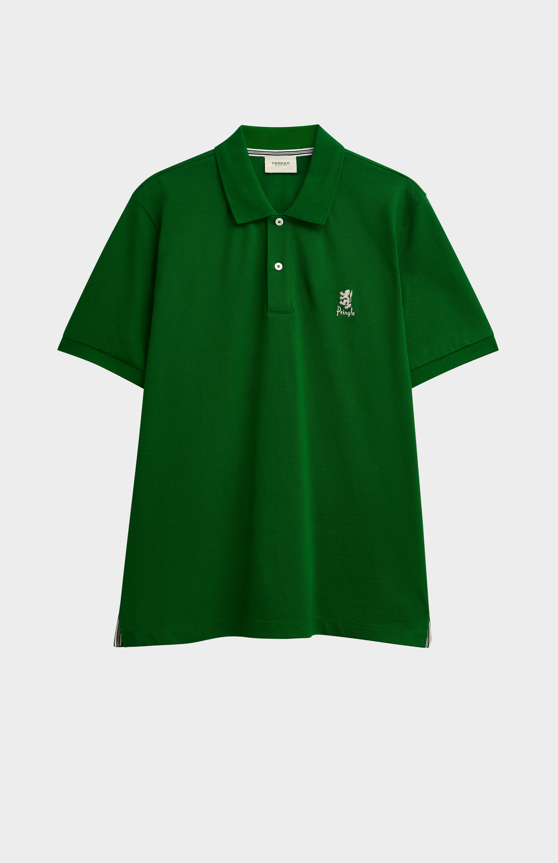 Green polo shirt with a small logo on a white background
