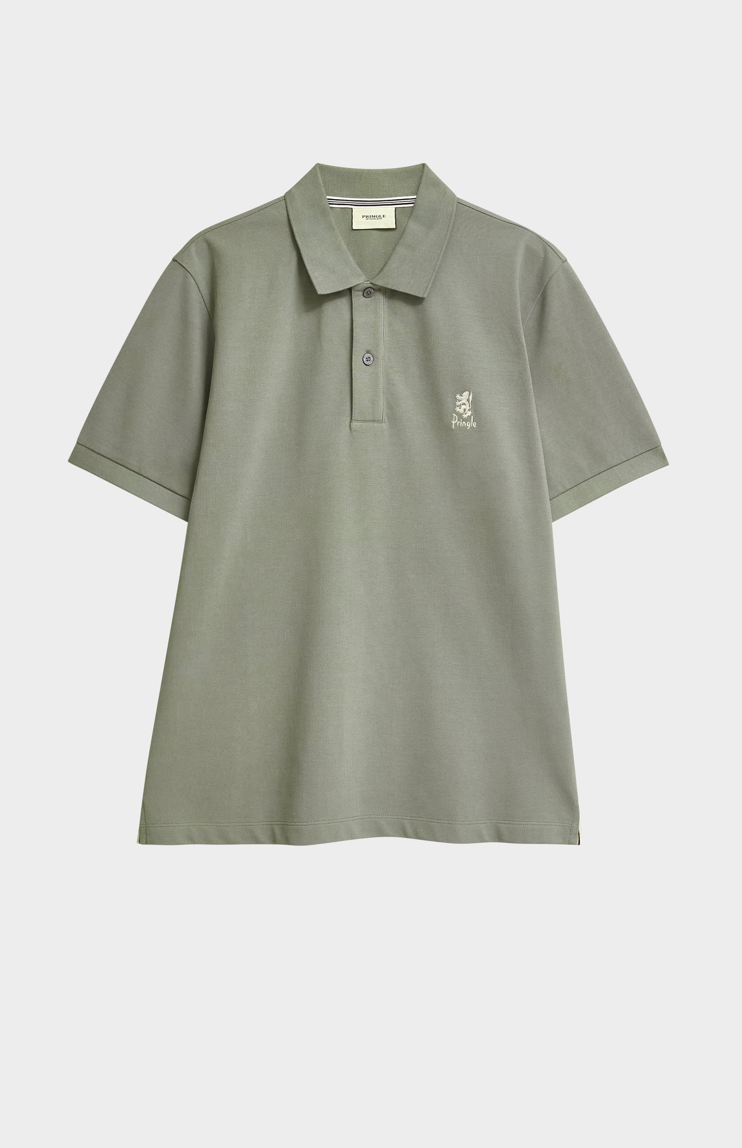 Green polo shirt with a small logo on a white background