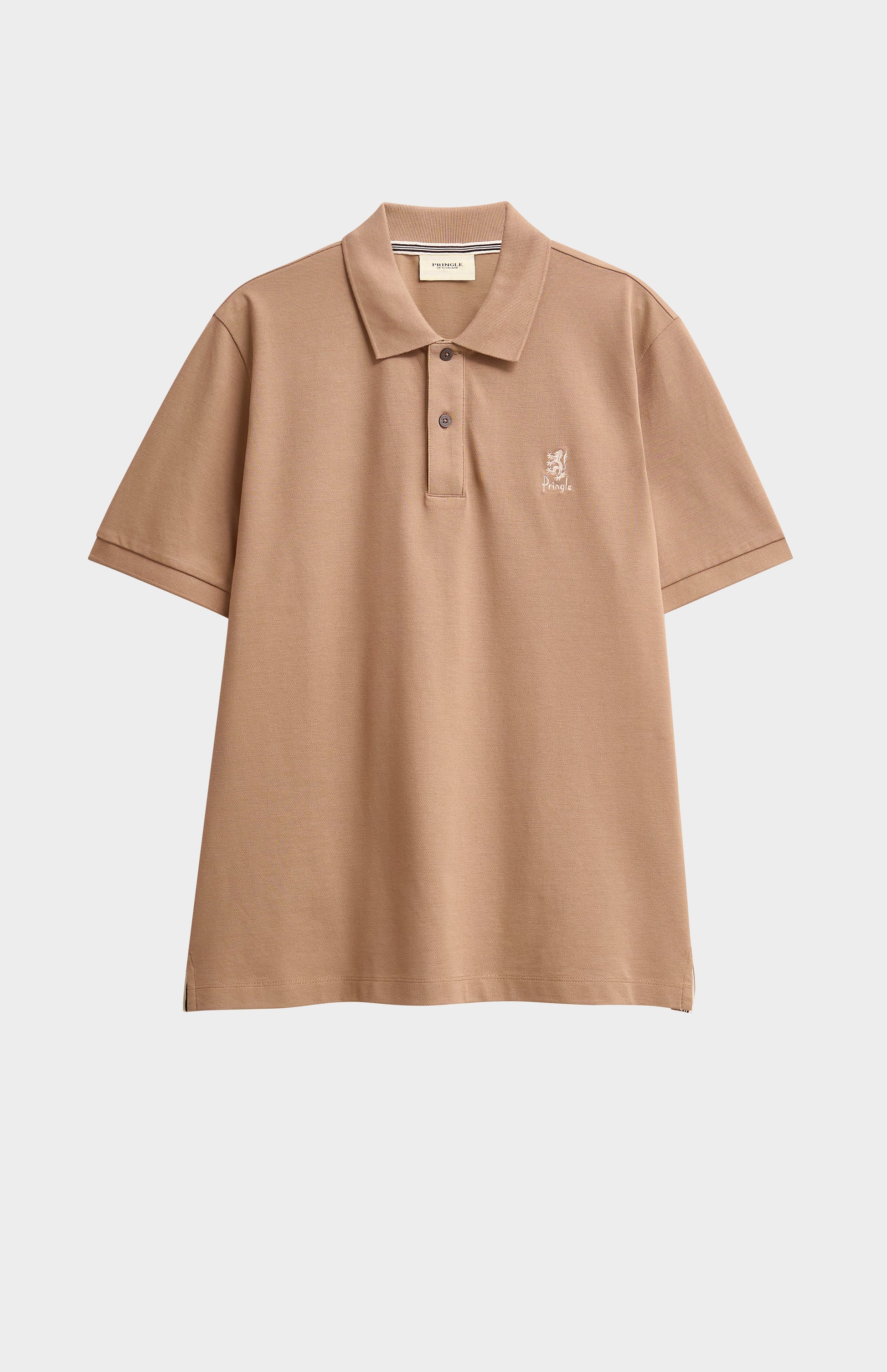 Brown polo shirt with a small logo on a light gray background