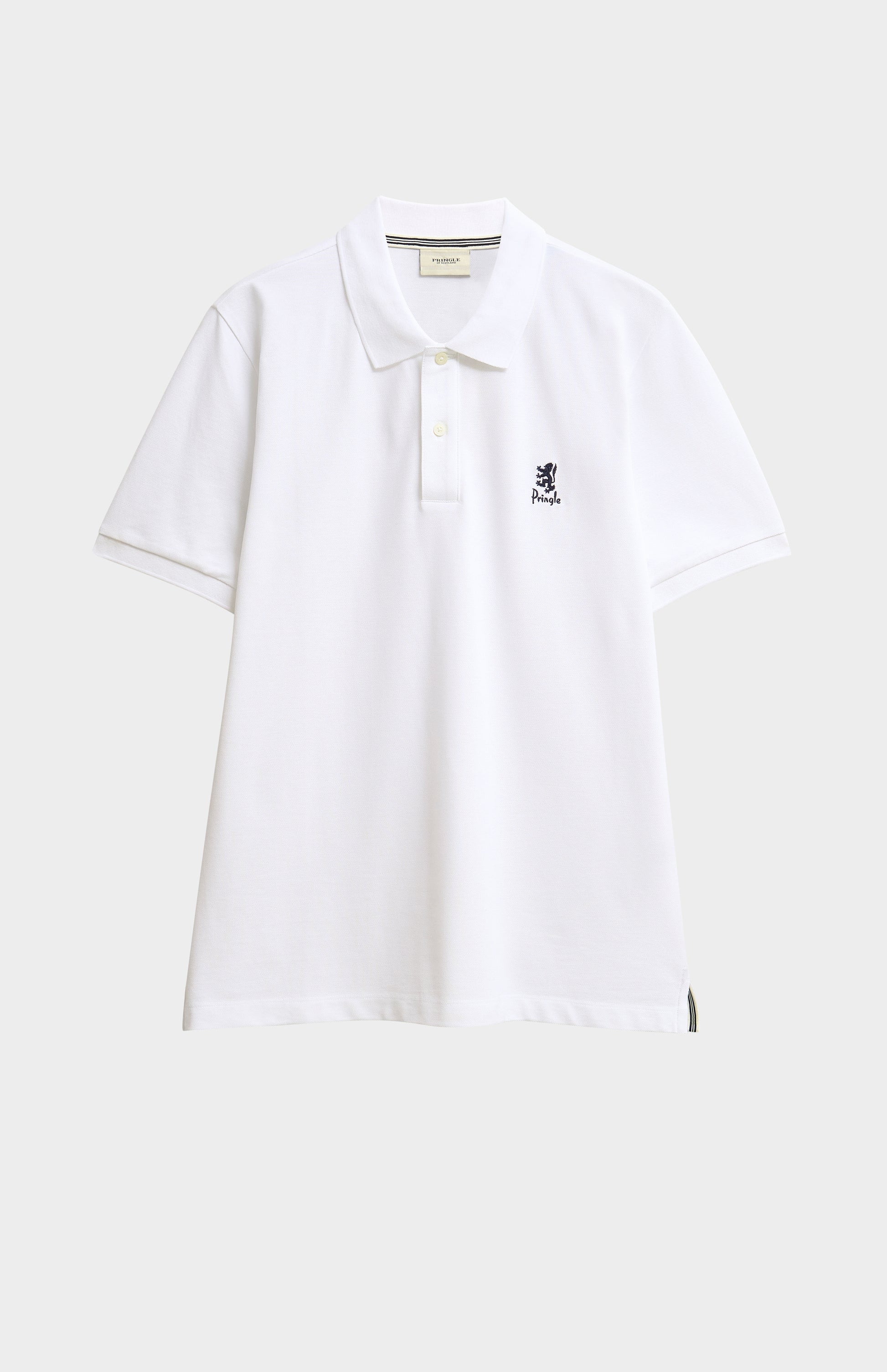 White polo shirt with a small logo on a light gray background