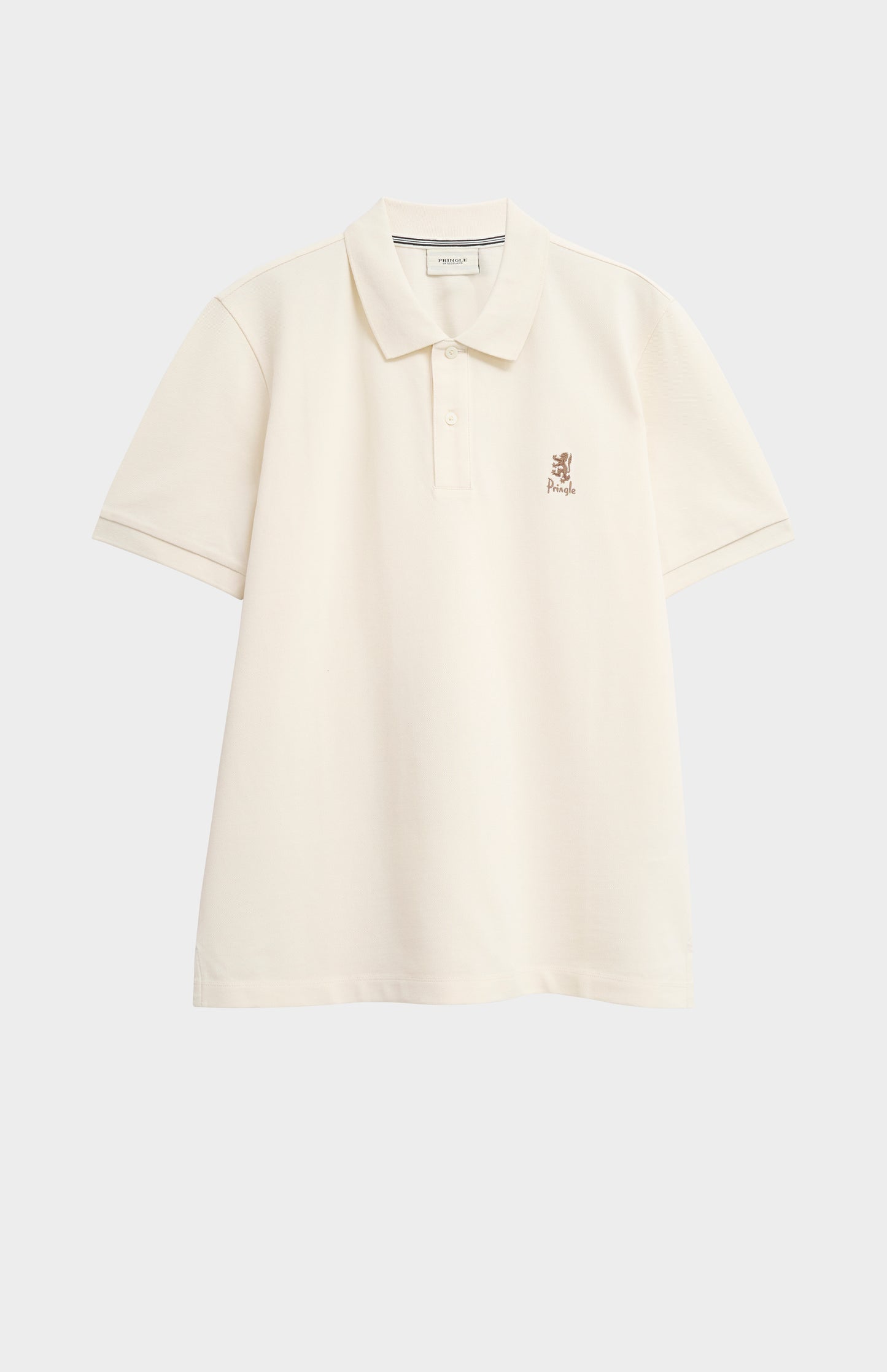 Beige polo shirt with a small logo on a white background