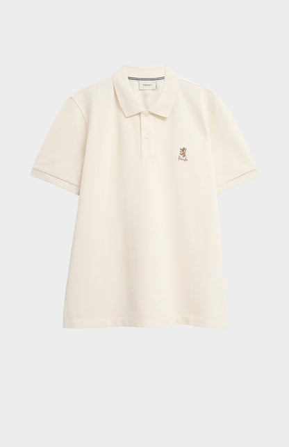 Beige polo shirt with a small logo on a white background