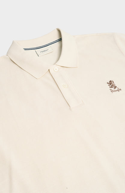 Beige polo shirt with a small logo on a white background
