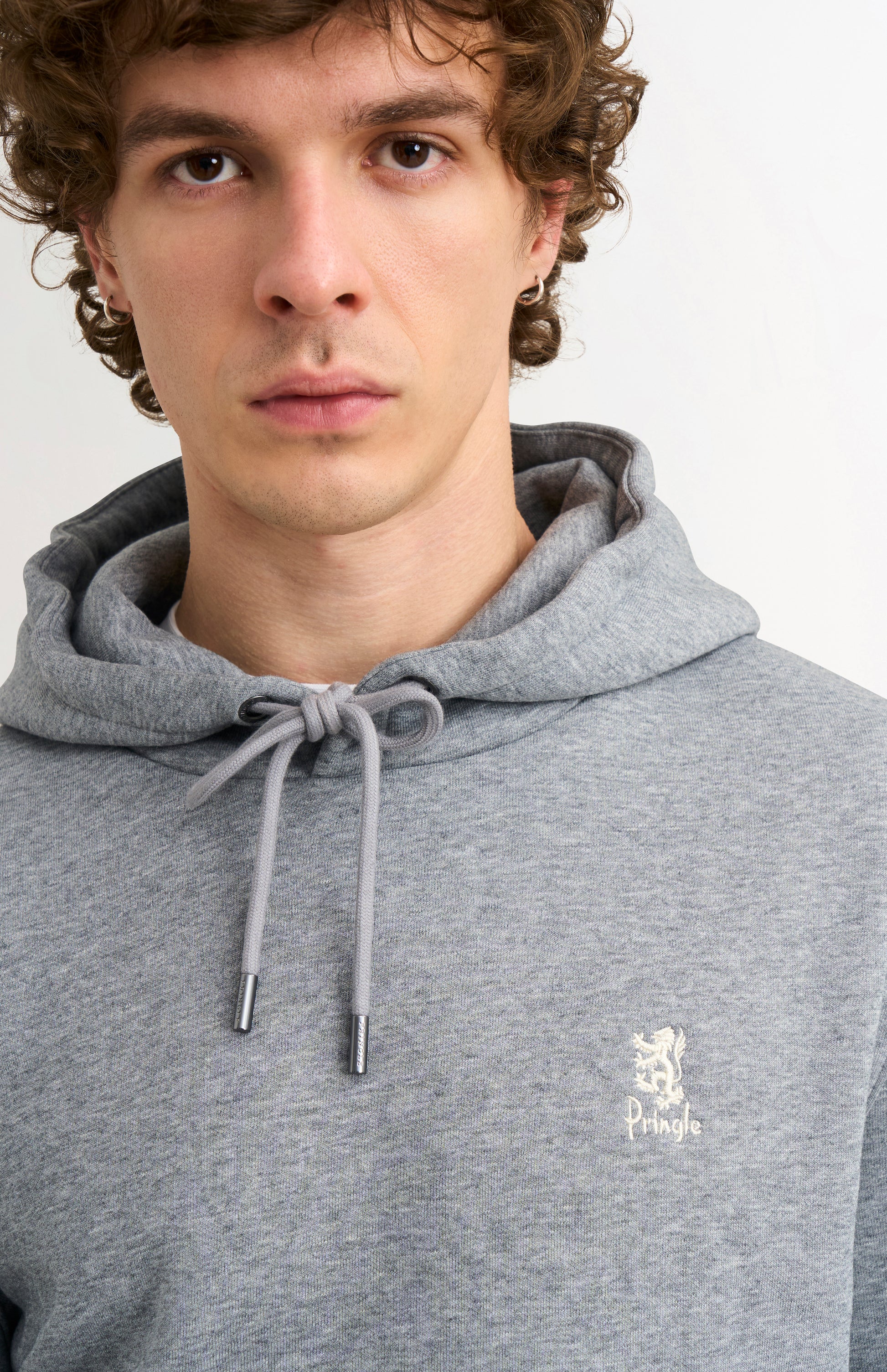 Pringle of Scotland Men's Hooded Jumper In Grey Melange neck detail