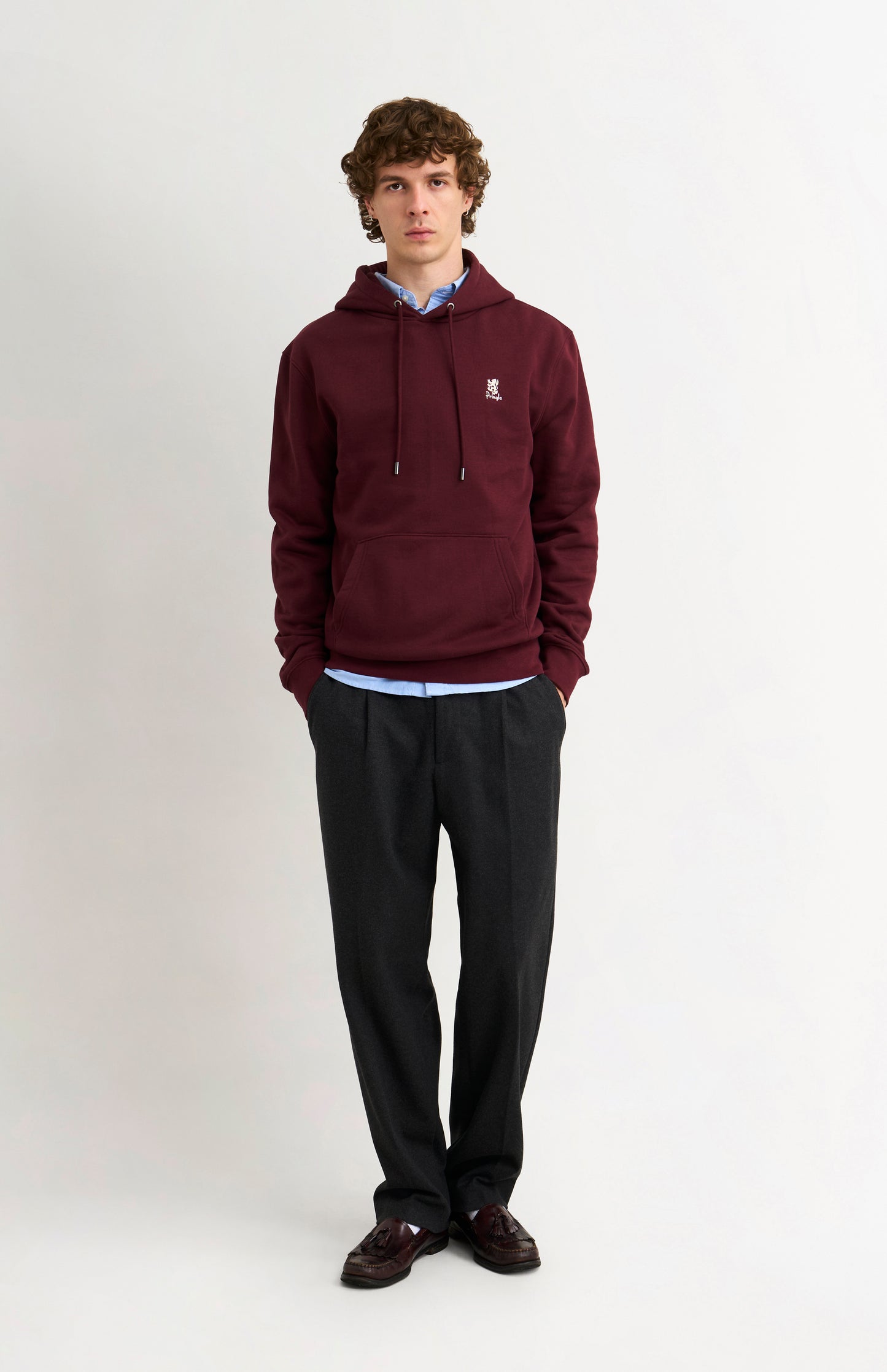 Pringle of Scotland Men's Hooded Jumper In Burgundy on model full length