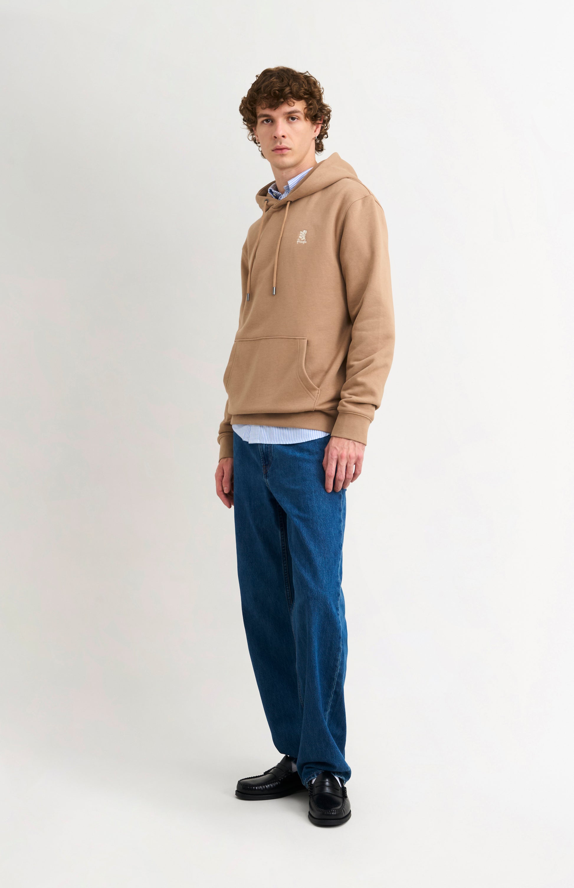 Pringle of Scotland Men's Hooded Jumper In Mushroom on model full length