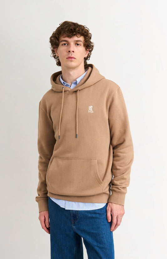 Pringle of Scotland Men's Hooded Jumper In Mushroom on model