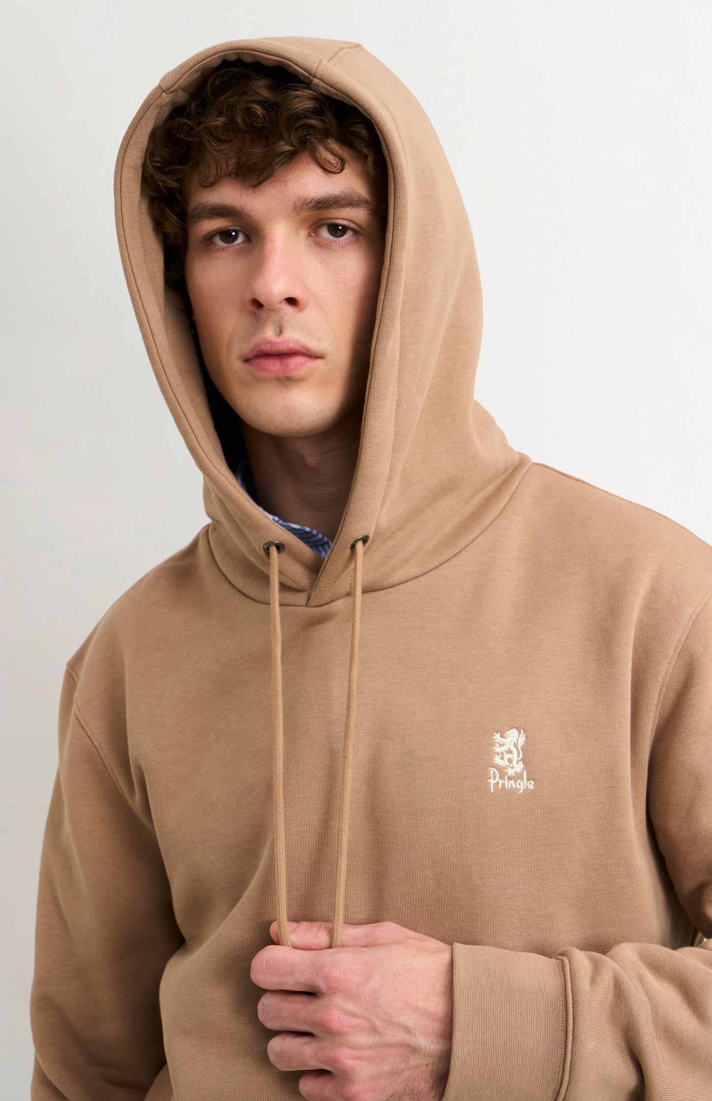 Pringle of Scotland Men's Hooded Jumper In Mushroom showing hood up