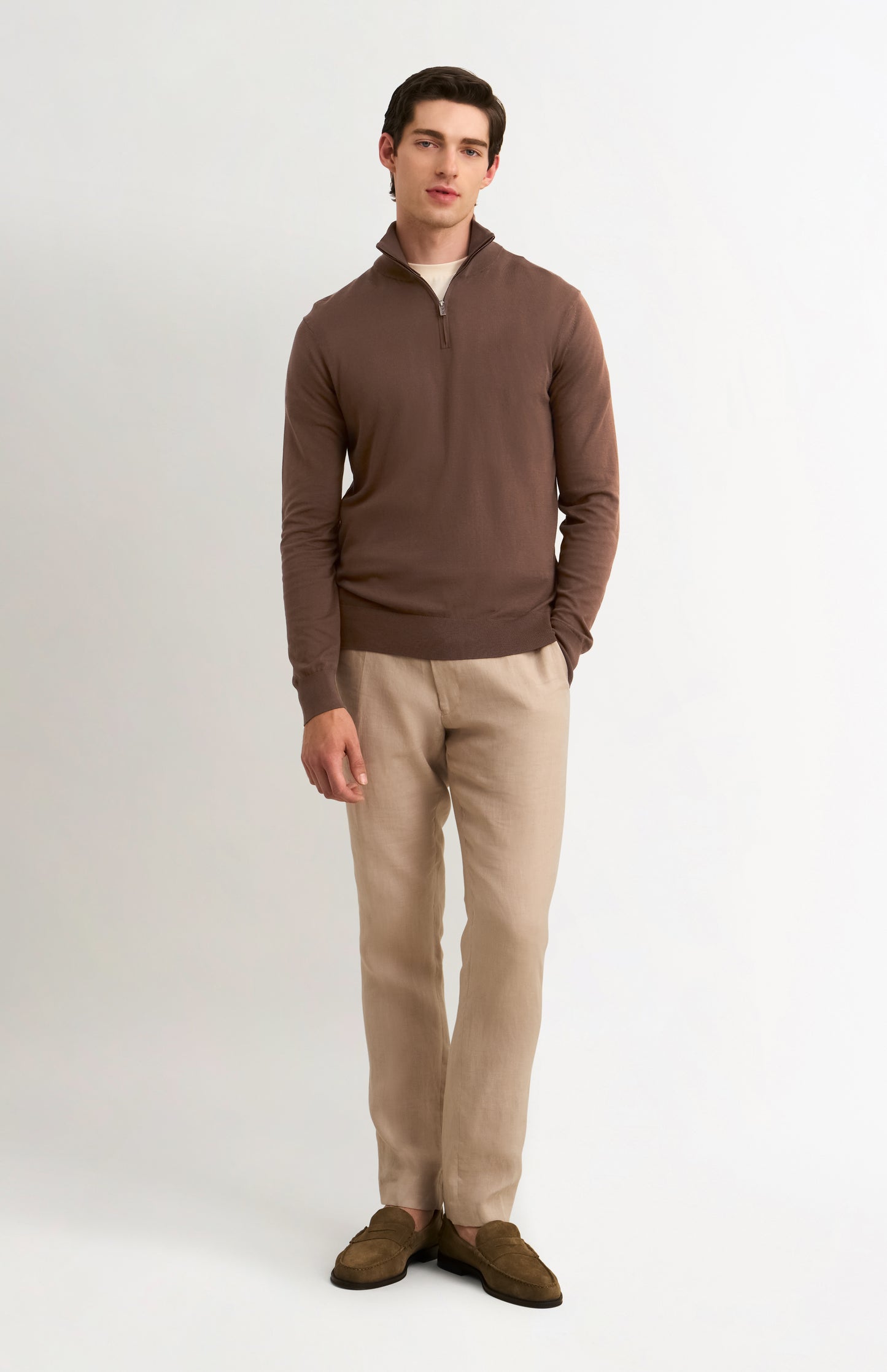 Men's Silk And Cotton Quarter Zip Jumper In Chocolate Brown