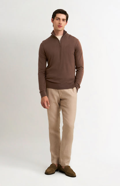 Men's Silk And Cotton Quarter Zip Jumper In Chocolate Brown