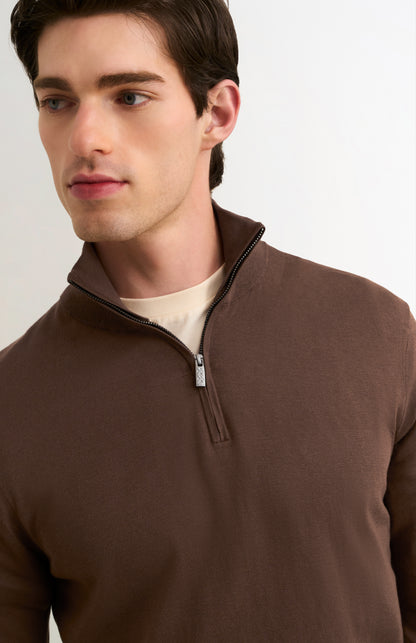 Men's Silk And Cotton Quarter Zip Jumper In Chocolate Brown